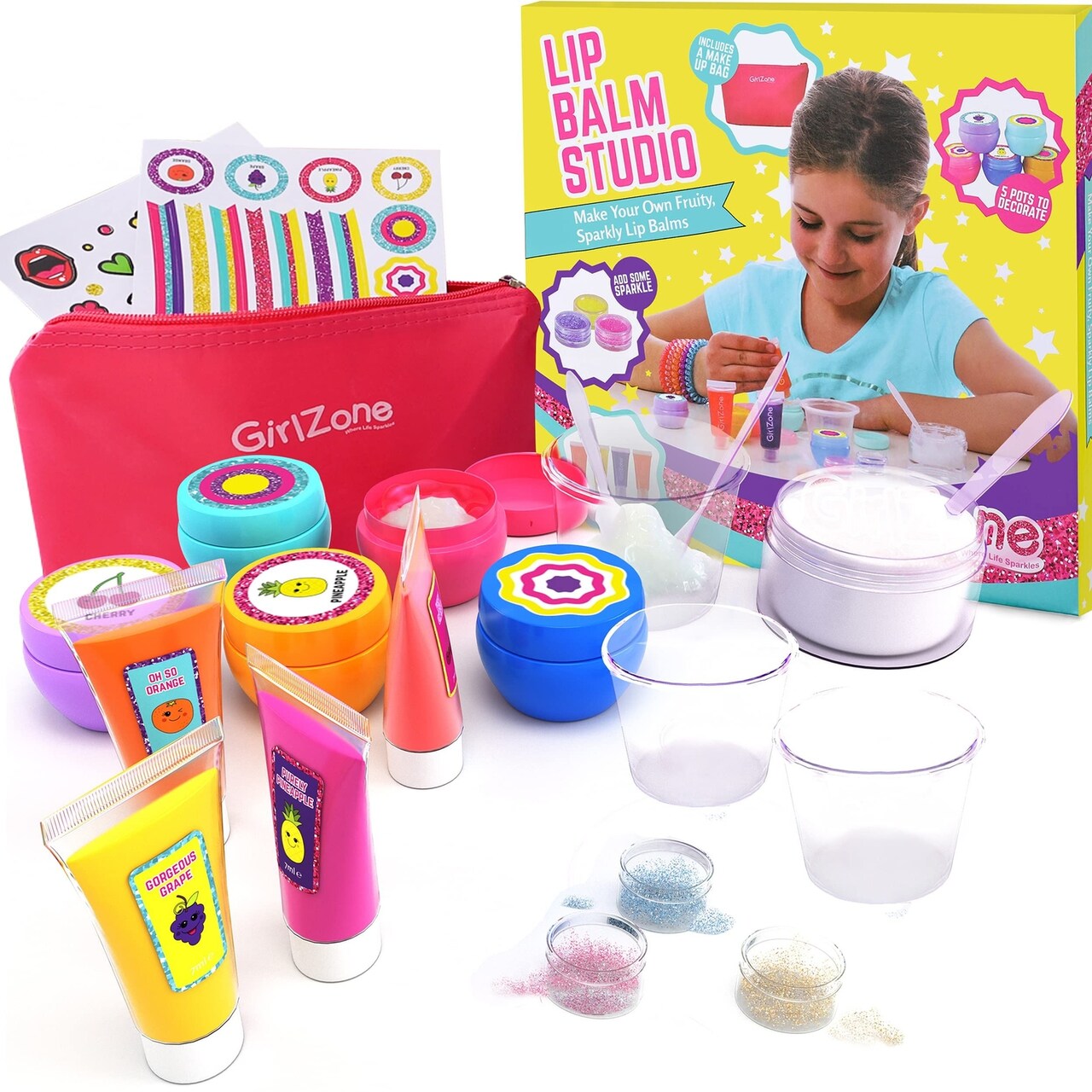 GirlZone Lip Balm Making Kit, 25-Piece Makeup and Lip Gloss Set with Glitters, Stickers & More, Fabulous Girls Toys Age 8 & Great Gift Idea for Kids